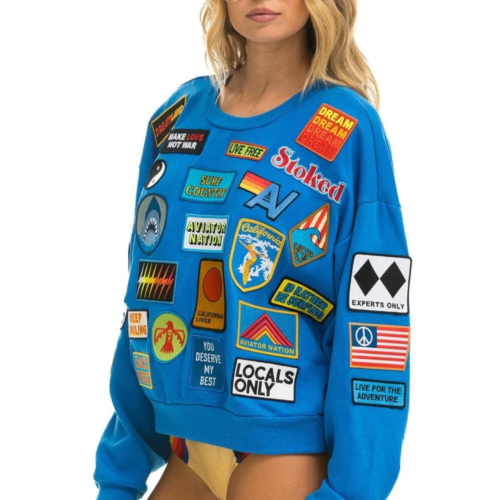 Aviator Nation Bright Blue Patchwork Patch Sweats… - image 1